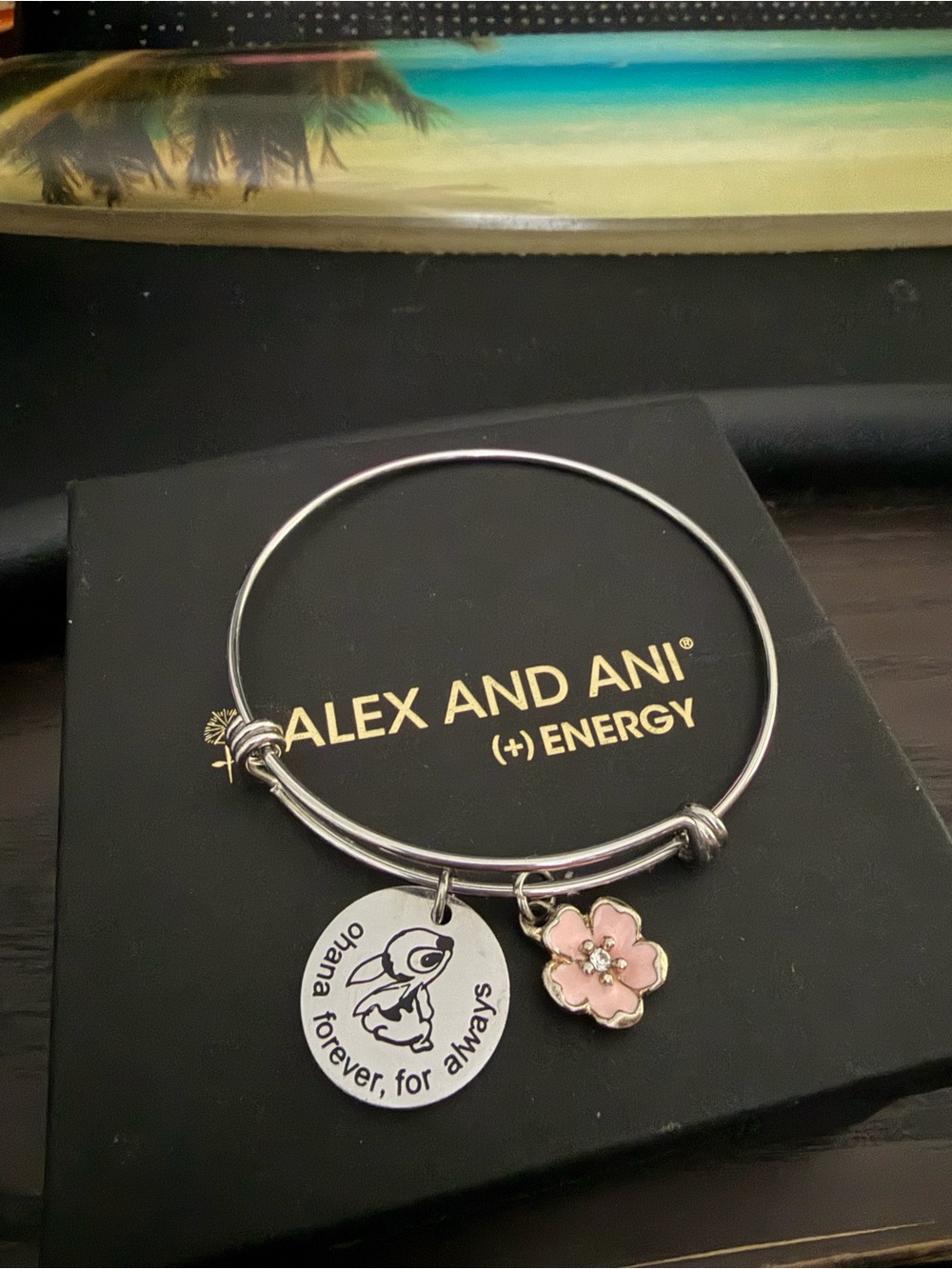 Alex and Ani Silver Bangle with Disney Stitch Ohana & Pink Flower Charms - Picture 2 of 2